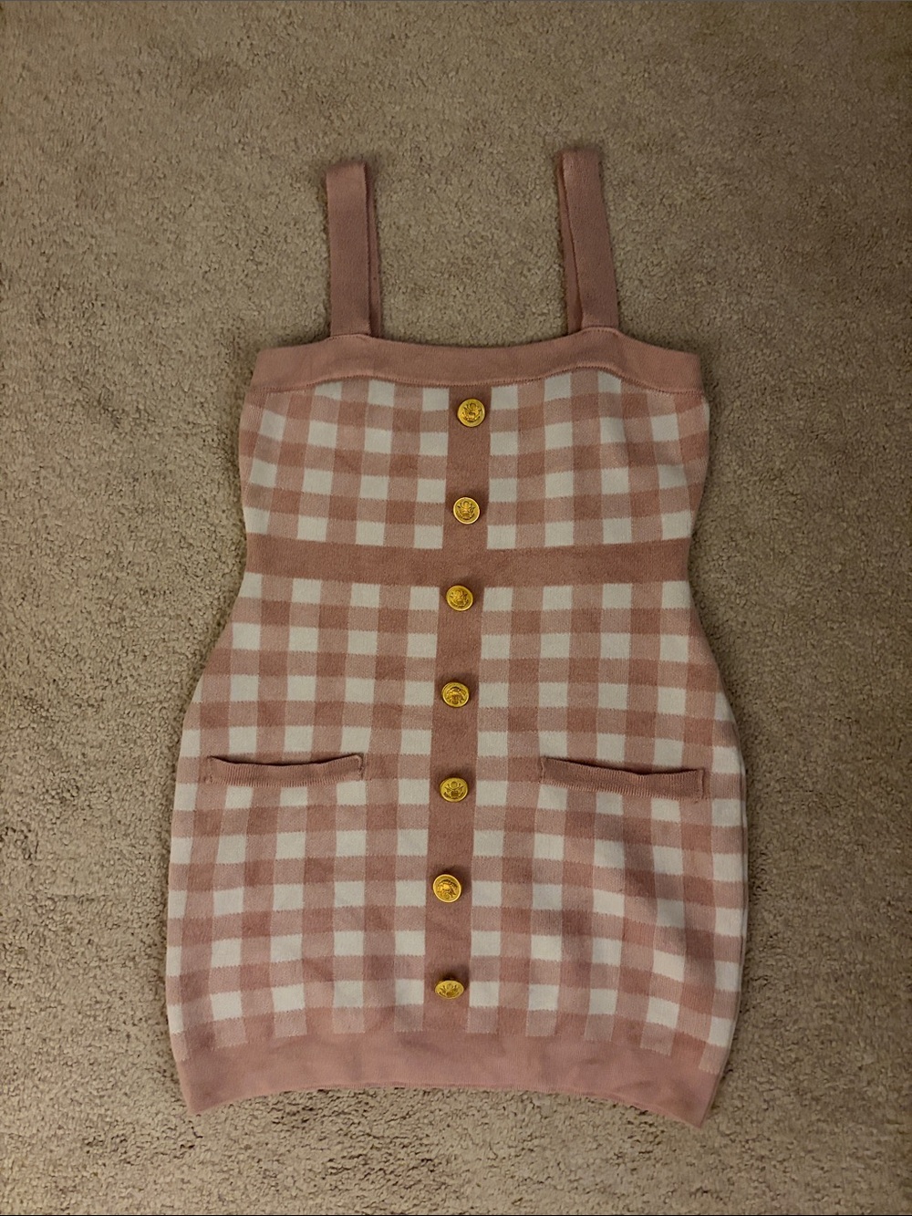 Pink Gingham Knit Button-Front Mini Dress
